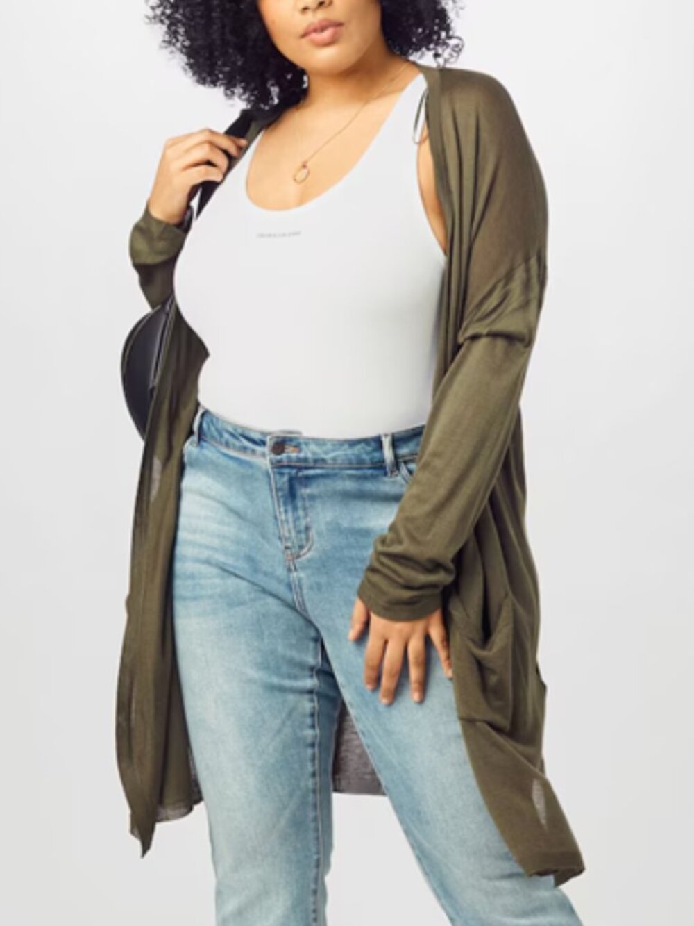 Scandinavian Fashion Kaffe Lightweight Long Sandra Open Cardigan Olive Green - M